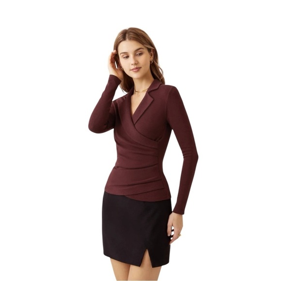 OGL Mid Thermal Ruby Red Collared V Neck Surplice Top Long Sleeve Womens Size S - Picture 1 of 10